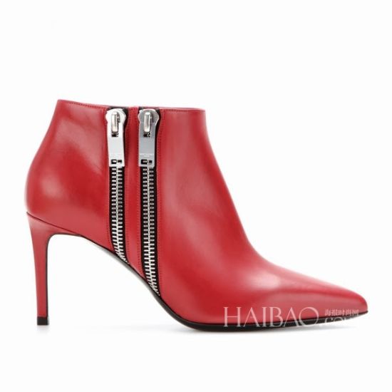 圣罗兰双拉链装饰红色皮革踝靴